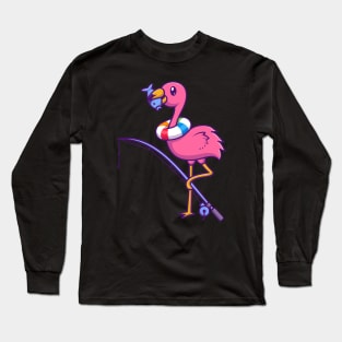 Cute Flamingo Eating Fish Cartoon Long Sleeve T-Shirt
